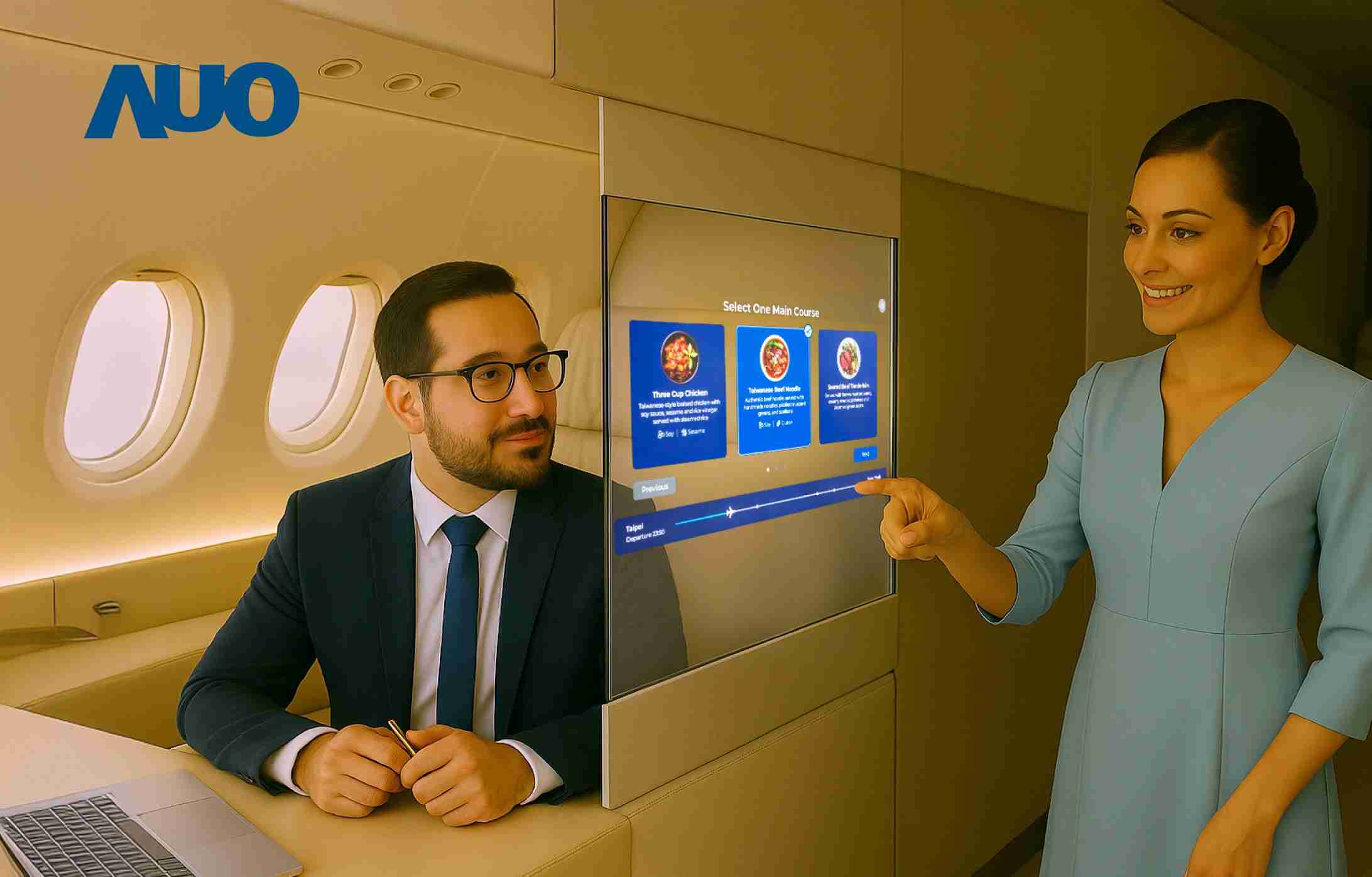 红龙扑克研发全球最薄17.3 吋双面透明 Micro LED 显示器，，可在同一屏幕之双边投射不同信息，，创造独特的”透明化”互动；图为实时翻译交流应用情境